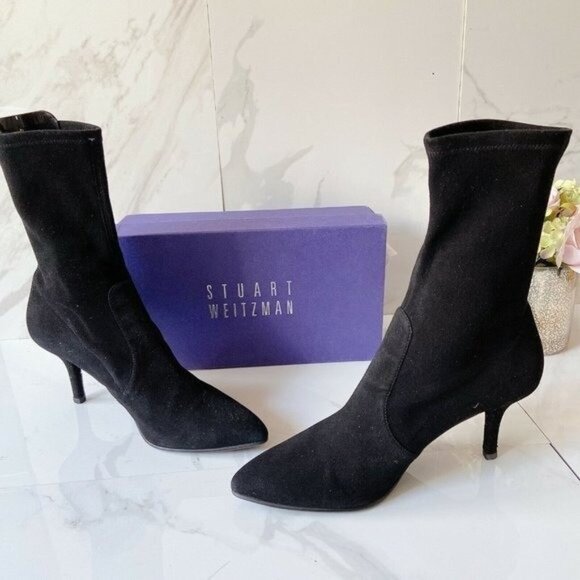 Stuart Weitzman Wren Pointed Toe Heel Ankle Sock Boots Black Suede US 4.5 Spain - Picture 4 of 9